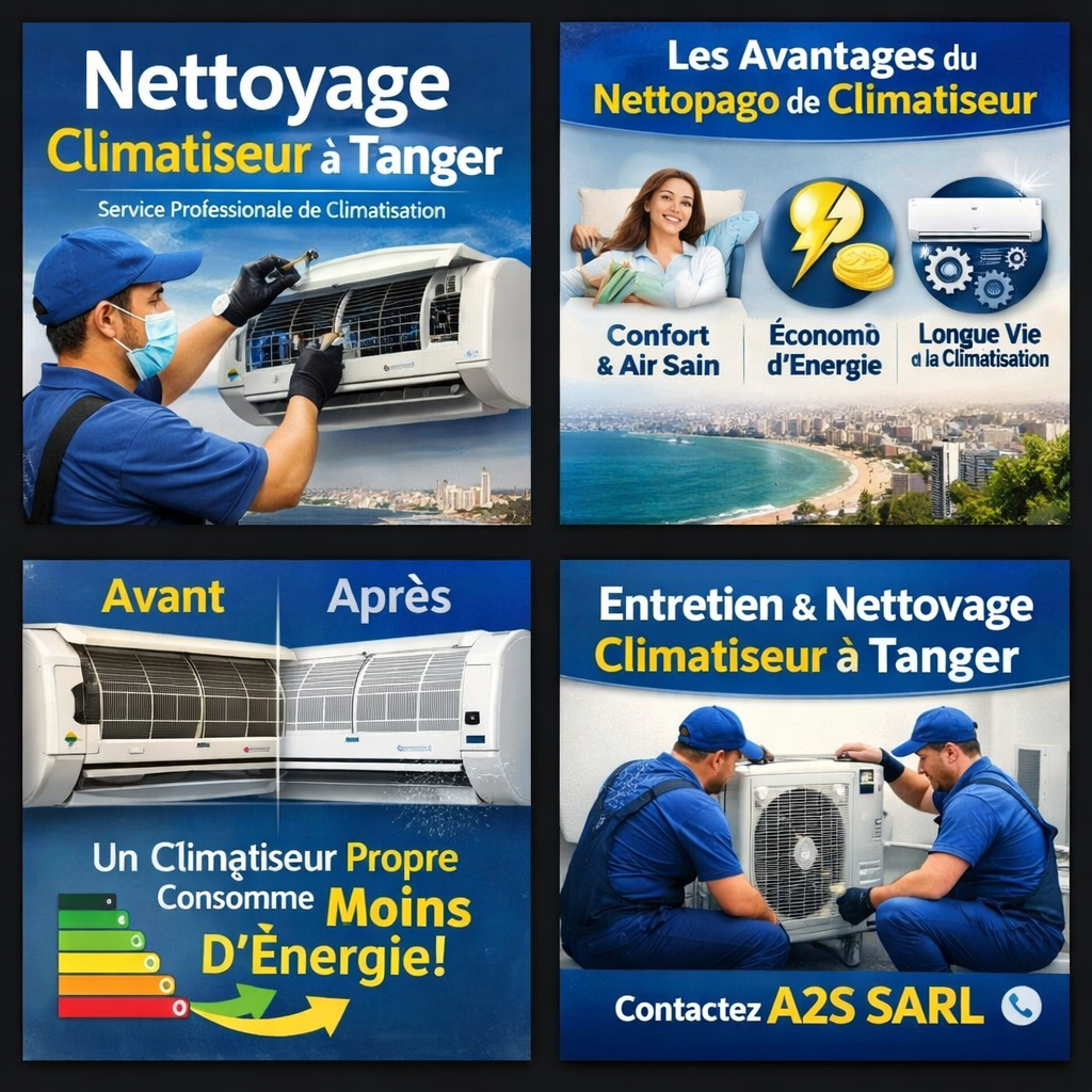 Technicien effectuant le nettoyage d’un climatiseur mural à Tanger – service entretien climatisation A2S SARL